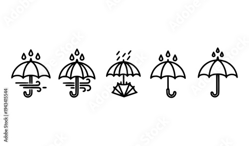 Black and white spring umbrella rain line icons minimalist weather umbrella vector illustration set