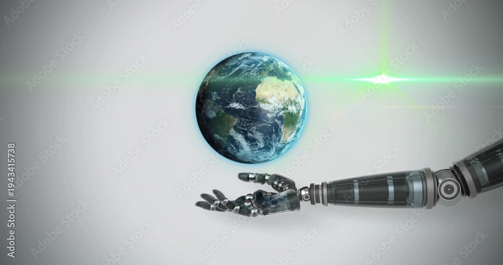 Naklejka premium Showing robotic forearm, hand holding floating Earth globe in studio with green lens flare, shadow