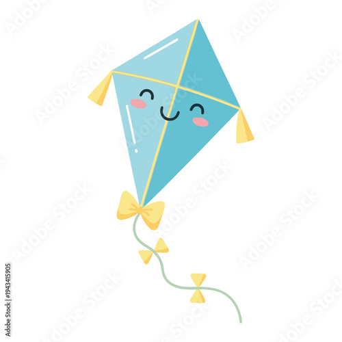 Cute blue cartoon kite with a happy face flying in the sky, vector illustration