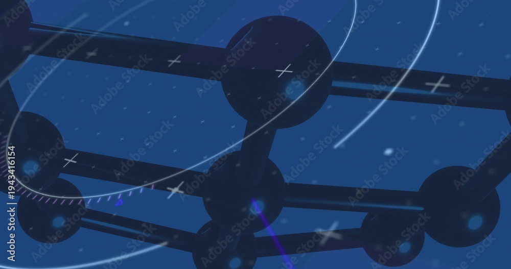 Fototapeta premium Floating node-rod lattice receding in deep blue digital space, featuring glossy nodes, arcs