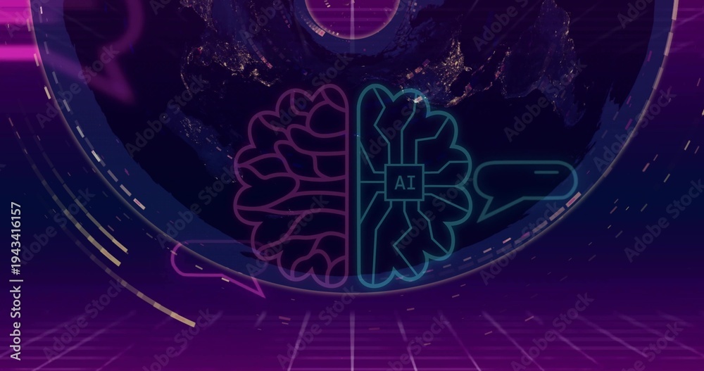 Obraz premium Displaying centered neon split-brain icon in virtual control space, featuring 'AI' chip, globe, HUD