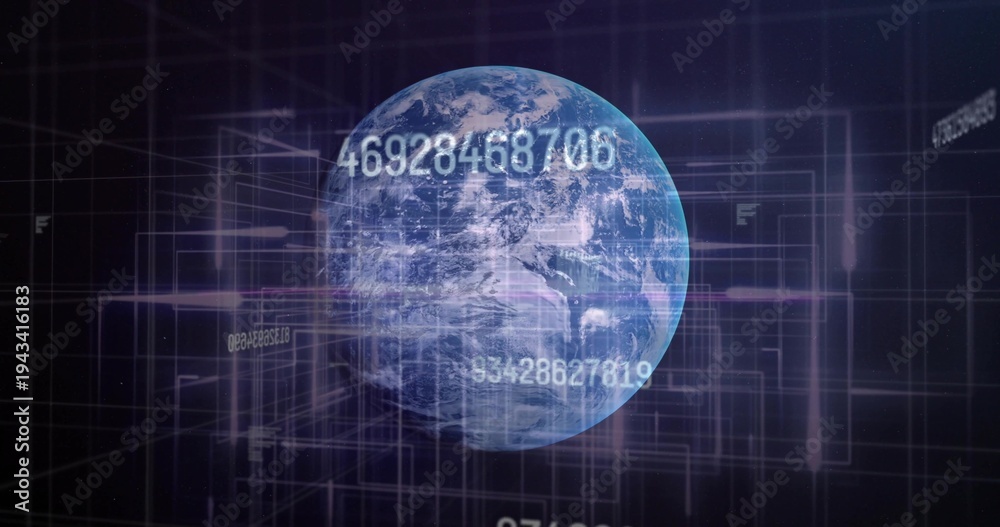 Naklejka premium Displaying 3D Earth globe rotating in data space, with floating numeric strings, grid and UI frames