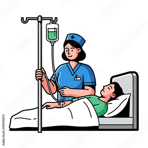 Nurse Administering IV Drip to Patient in Hospital Bed, Healthcare Concept