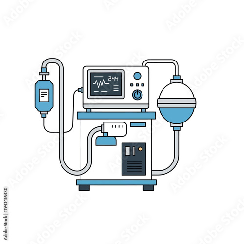 Medical ventilator machine with monitor, infusion bag, and breathing circuit