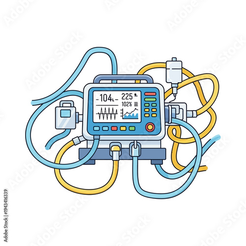 Medical ventilator machine with tubes and display screen, healthcare equipment concept