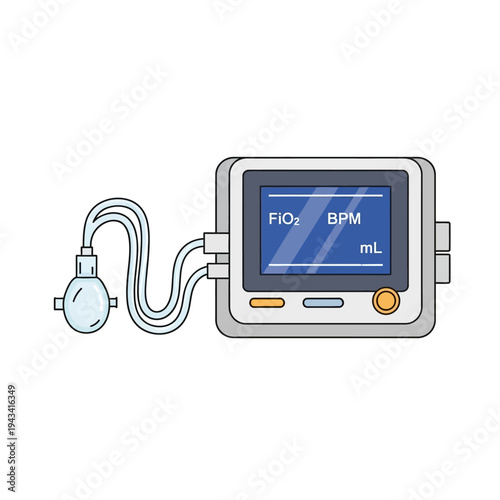 Medical ventilator with display showing FiO2, BPM, and mL, connected to a breathing circuit.