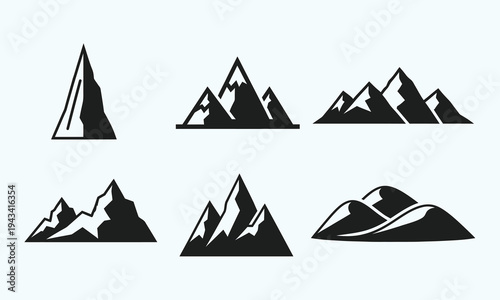 Collection of stylized mountain silhouettes in various shapes and sizes
