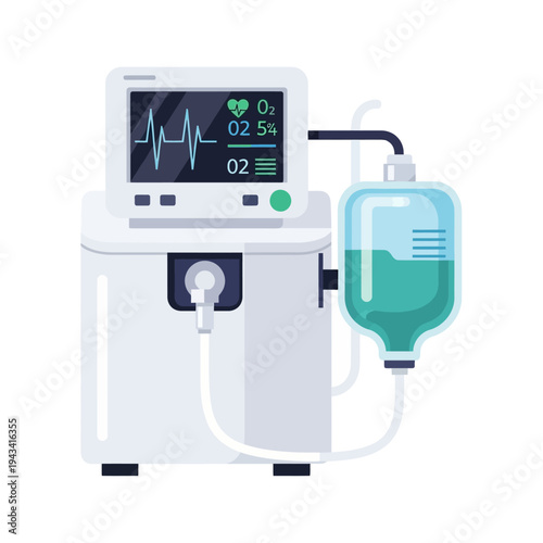 Medical ventilator with IV drip bag and vital signs monitor screen