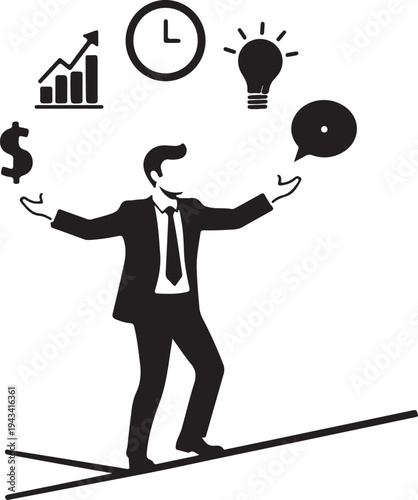 A woman manager silhouette expertly balancing the demands of money, growth, time, ideas, and communication on a challenging tightrope.