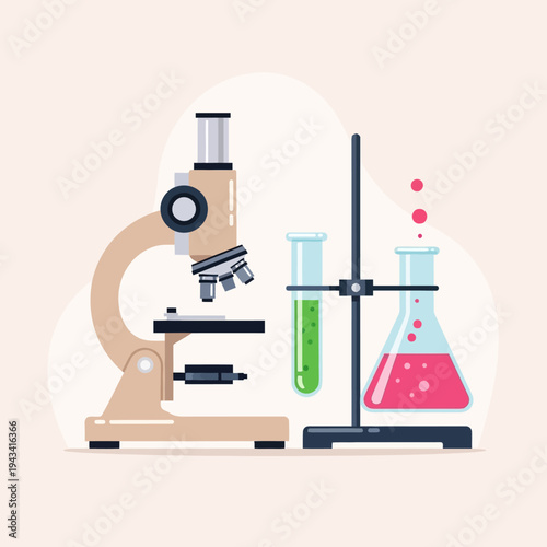 Microscope and colorful liquids in test tubes and flask, science laboratory equipment, research concept