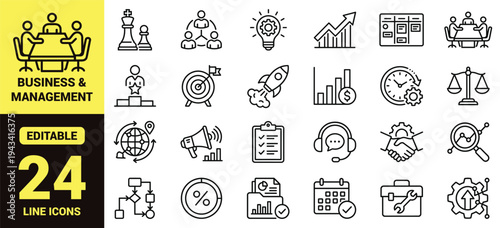 Business and management icon set with strategy, productivity, teamwork, analytics, planning, leadership, marketing, and high‑ranking corporate development elements in modern line‑art vector style