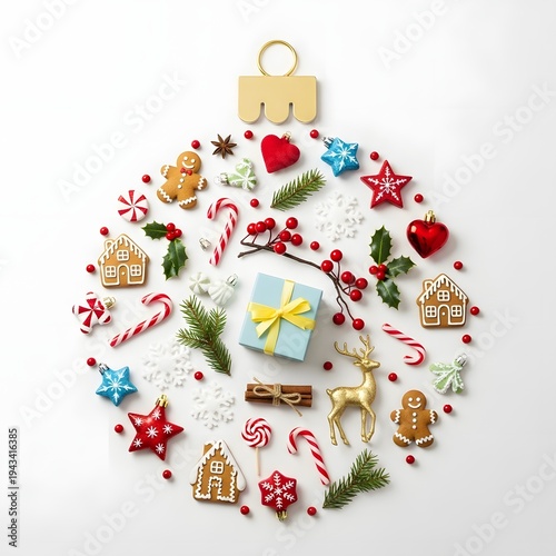 Christmas ornament shape made of holiday decoration flat lay isolated on transparent background