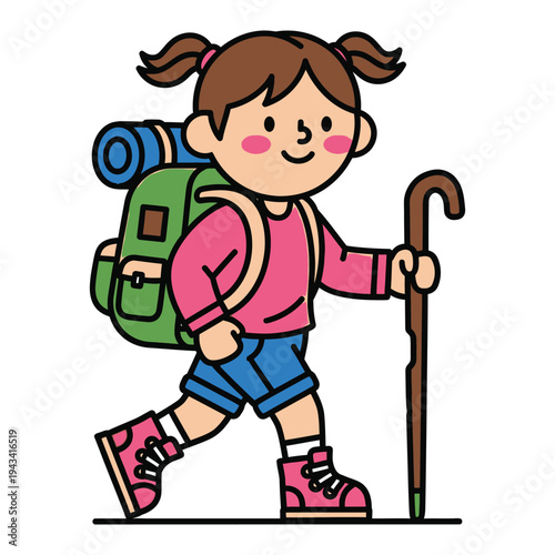 Cartoon girl with backpack and hiking stick, ready for an outdoor adventure