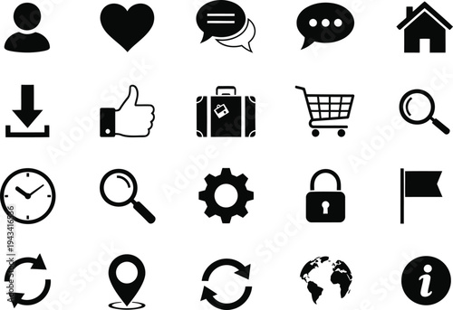 Collection of black and white icons representing common user interface functions Vector