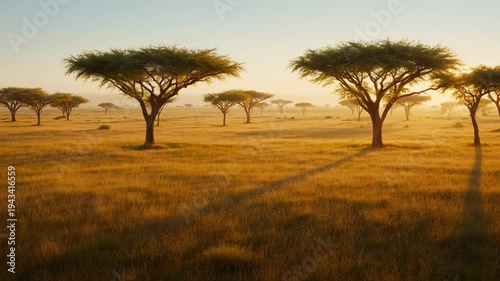 Golden morning light over the serene African savanna with umbrella trees