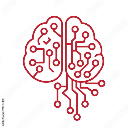 Red circuit brain icon with electronic connections and nodes for technology and innovation concepts  symbolizing artificial intelligence and digital neuroscience