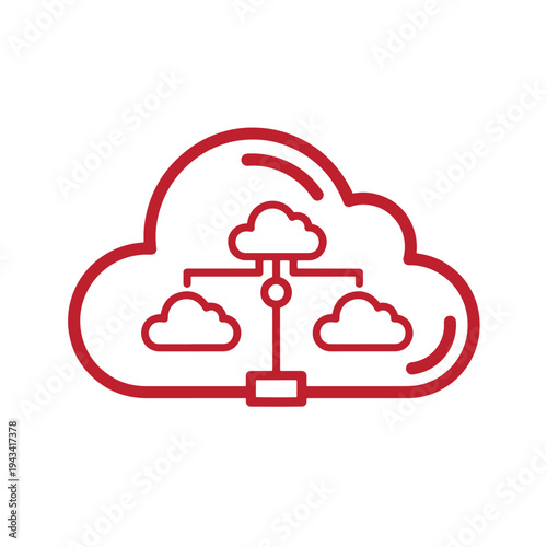 Red cloud computing icon with sub clouds and lines on white background
