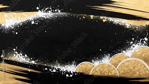 A vibrant abstract artwork featuring black, gold and white colors with dynamic brushstrokes and splashes background