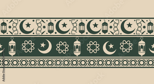 Islamic geometric pattern with crescent moons and stars.