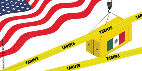 Concept illustration of international trade tariffs and economic pressure with US flag and Mexico trade lines. Symbolizing taxation, import export duties, geopolitics, diplomacy, global market tension