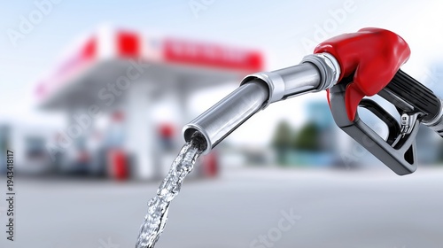 Close-up of fuel pump with red handle at gas station