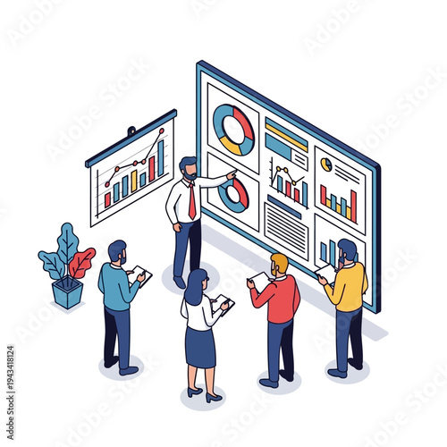 Business meeting with data analysis and charts on screen, team collaboration