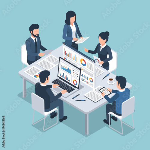 Business meeting with data analysis charts on screens and laptop