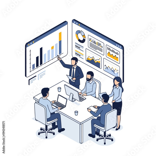 Business meeting with data analysis charts on screens, team collaboration and strategy planning