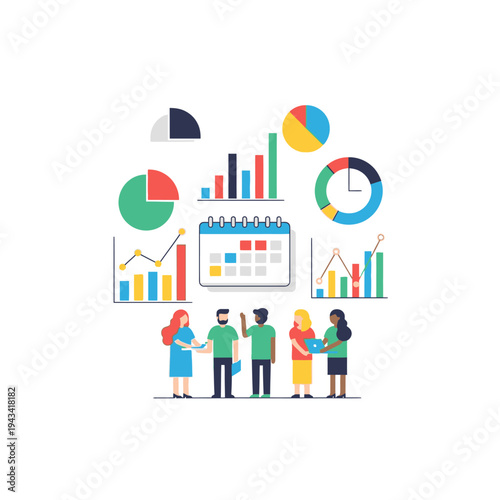 Business meeting with data analysis charts, calendar, and diverse team collaboration