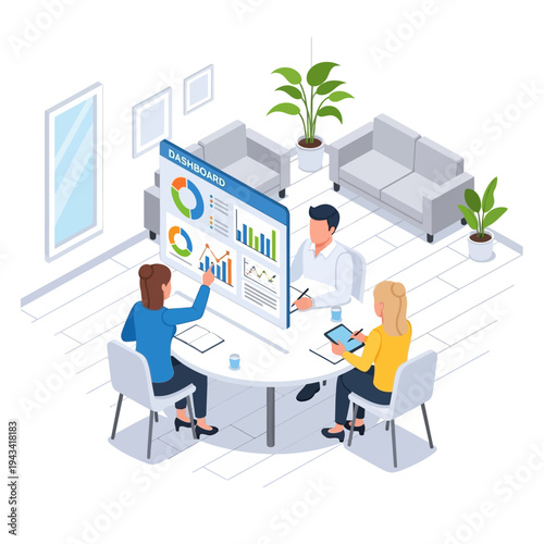 Business meeting with data analysis dashboard and charts on screen
