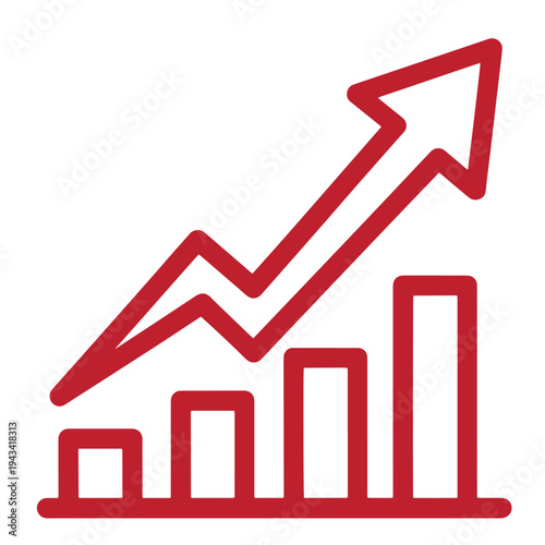 Red line graph icon with bar chart and upward arrow trend growth chart symbol  business statistics and finance concept