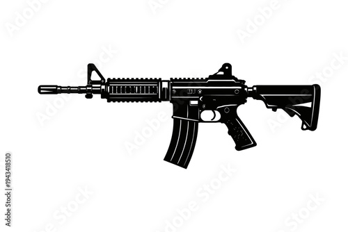 Tactical AR-15 Style Assault Rifle Vector Illustration: A Striking Black and White Silhouette of a Modern Military Firearm, Perfect for Design Projects, Digital Art, and Educational Resources on Conte