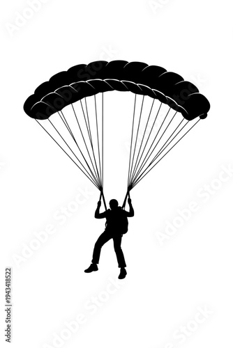 Dynamic black silhouette vector art of a skilled parachutist descending with an open parachute, embodying the thrilling essence of skydiving and extreme aerial sports adventure, perfect for high-impac