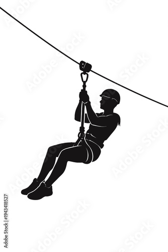 Dynamic silhouette vector art of a person enjoying a thrilling zip line adventure, depicting an exciting outdoor extreme sport activity. This adventurous image showcases a participant equipped with a