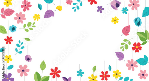 A cheerful and vibrant border illustration featuring a delightful array of colorful flowers and fresh green leaves, creating a perfect frame for spring and summer themes.