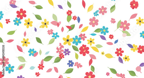 A cheerful and vibrant seamless pattern of colorful cartoon flowers and green leaves scattered across a pristine white background, perfect for spring designs.
