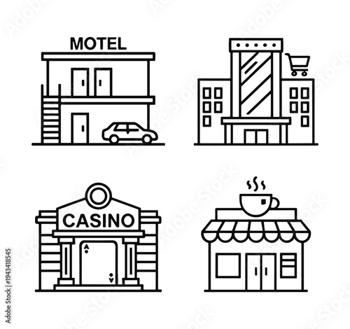 Hospitality and Entertainment Building Outline Icons — Motel, Tower Hotel, Casino, Coffee Shop