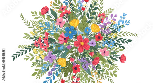 Vibrant illustration featuring a delightful assortment of fresh, colorful wildflowers and green leaves, perfect for spring and summer designs.