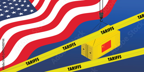 Concept illustration of international trade tariffs and economic pressure with US flag and china trade lines. Symbolizing taxation, import export duties, geopolitics, diplomacy, global market tension