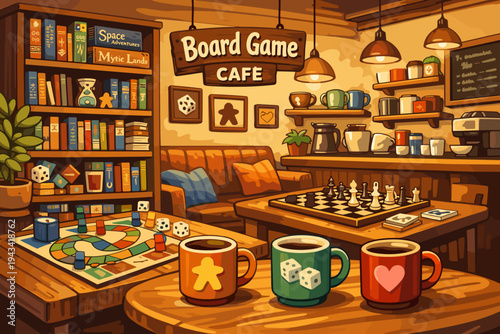 Cozy Board Game Cafe Interior with Chess, Tabletop Games and Coffee Mugs