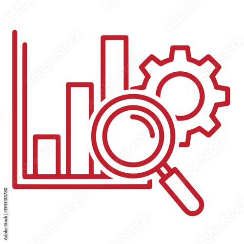 red line icon of a magnifying glass over a bar chart with a gear  business analysis concept