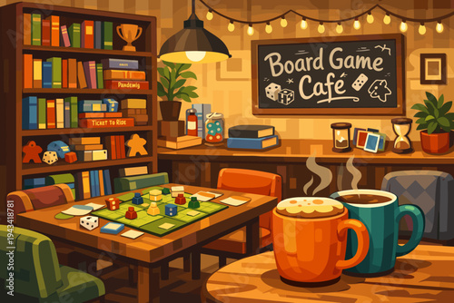 Cozy Board Game Cafe Interior with Tabletop Games, Coffee and Warm Atmosphere