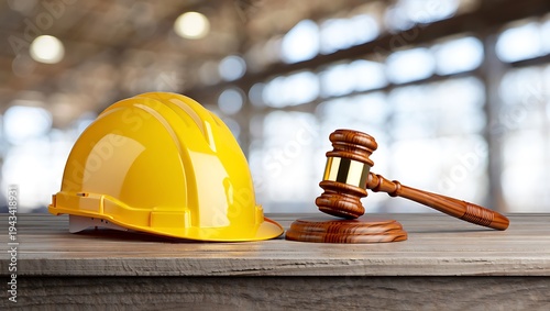Bright yellow hard hat and a judge's wooden gavel resting on a table, symbolizing construction law, industrial safety, worker's rights, and legal protection in the workplace.