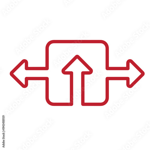 Red line icon of arrows pointing up and sideways for data transfer or exchange process