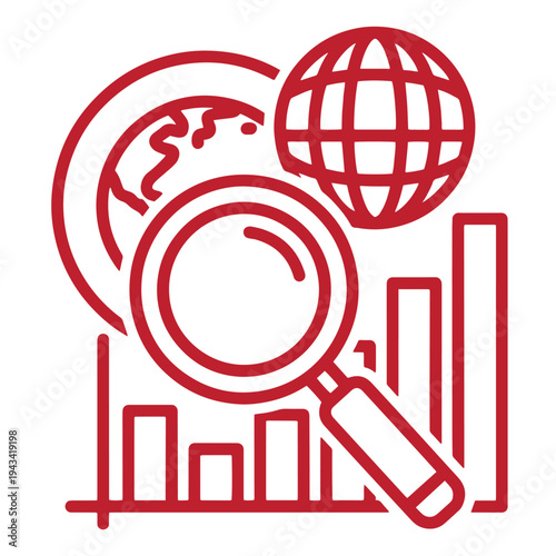 Red line icon of magnifying glass over bar chart and globe for business research and analysis  global data investigation concept