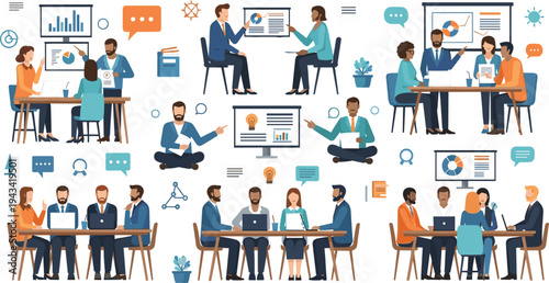 Business team meeting and office collaboration flat vector illustration set with corporate discussion brainstorming planning presentation and professional teamwork scenes isolated design.