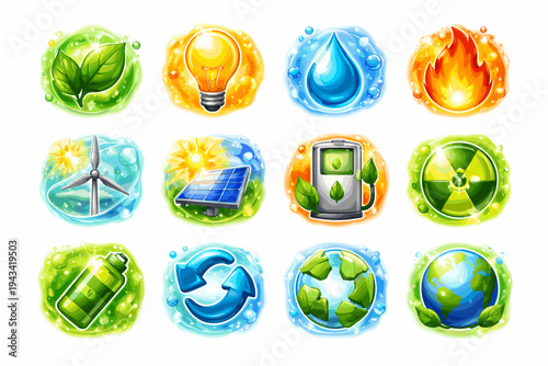 Renewable Energy and Sustainability Icon Set with Solar, Wind, Water, Fire and Eco Symbols