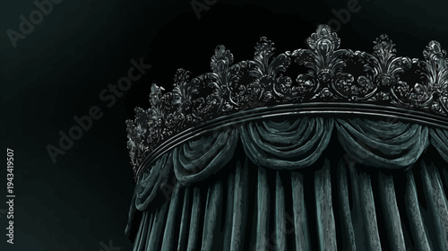 An illustration features an ornate, dark metal crown atop draped fabric, rendered in shades of blue-gray