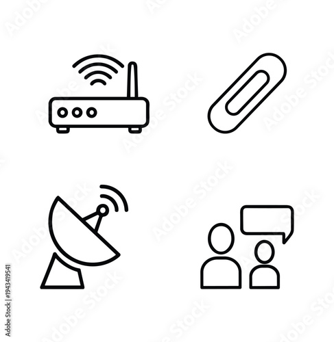 Internet and Network Communication Outline Icons — Router, Satellite, Paper Clip, Conversation
