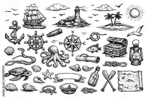 Vintage Nautical Adventure Icon Set with Pirate Ship, Anchor, Treasure Chest and Marine Elements